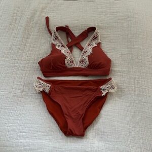 Burnt orange cross back bikini with cream detailing